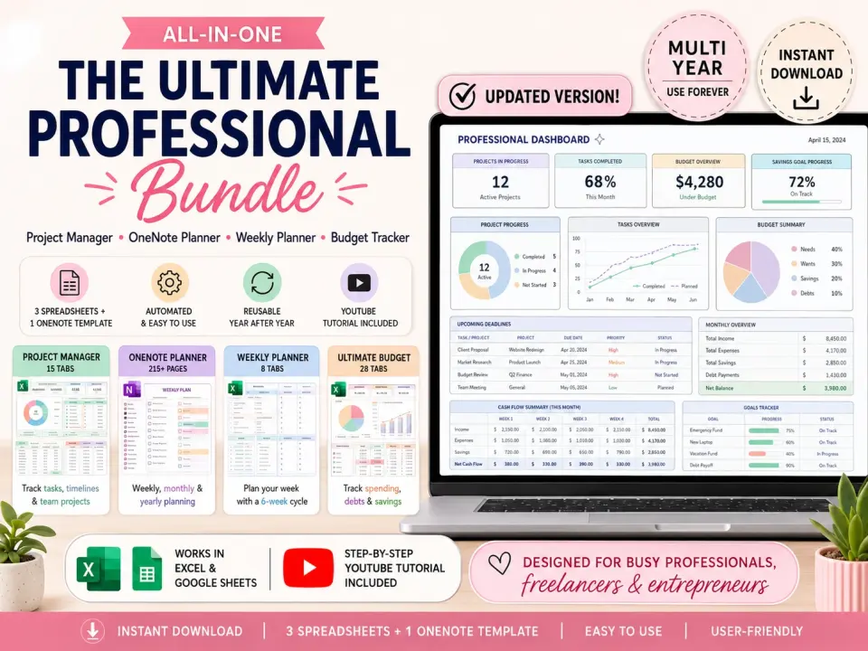 Ultimate Professional Bundle overview showing project manager, OneNote planner, weekly planner, and budget tracker