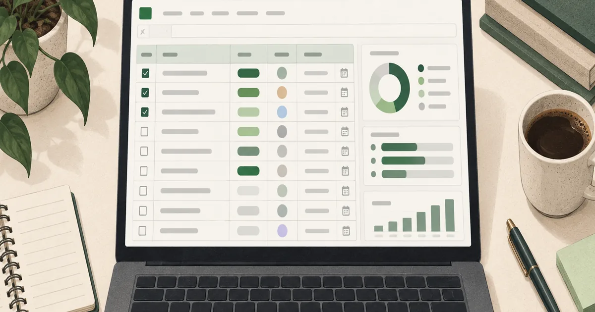 A Google Sheets project tracker with tasks, owners, dates, and a status summary